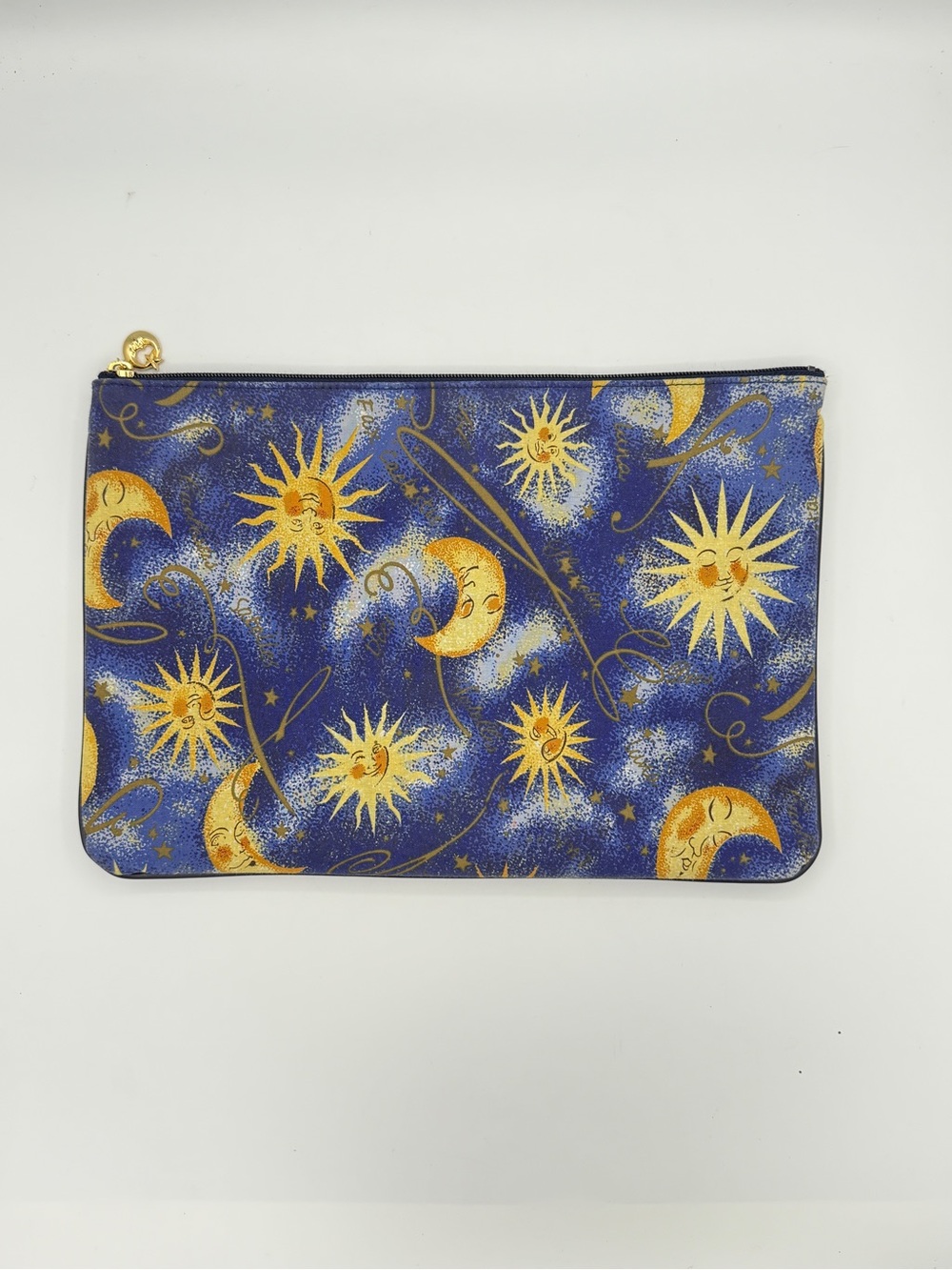 Vintage Blue Celestial Zipper Pouch Bag Whimsical Sun Moon Print Y2K